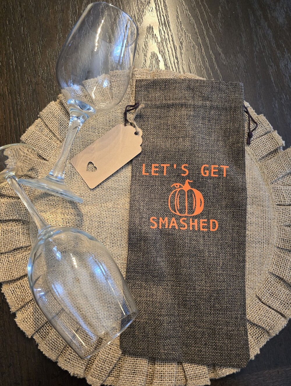 🎃 Brand New "Let's Get Smashed" Burlap Halloween Wine Bag & Tag Set🍷